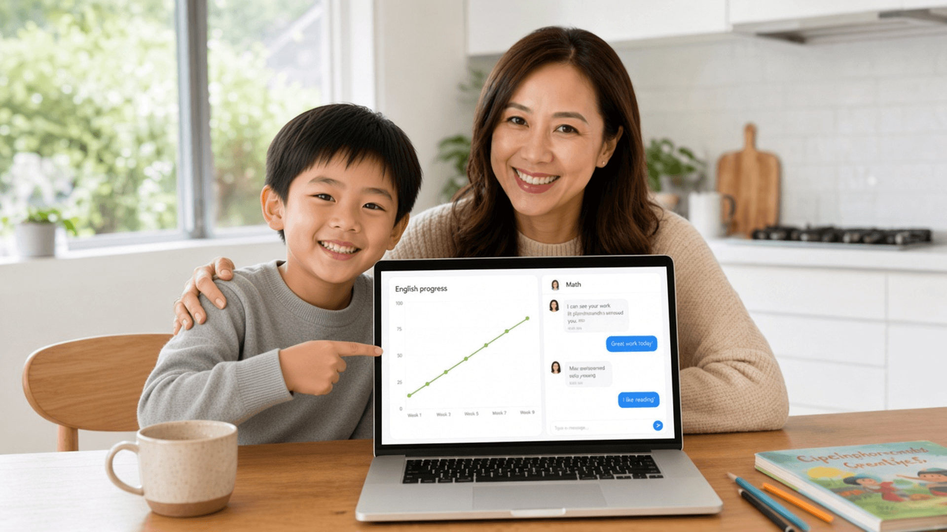 A parent and a Kindergarten-age boy looking at TrialSeed practice progress together