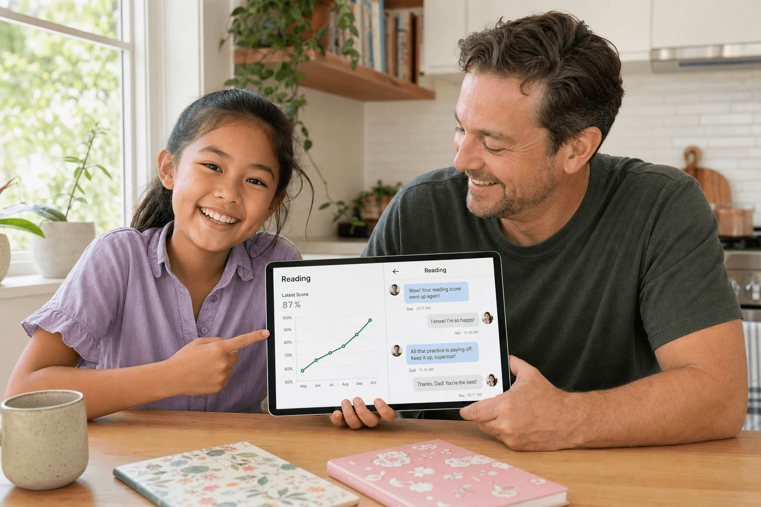 A parent and child looking at Opportunity Class practice progress on a tablet