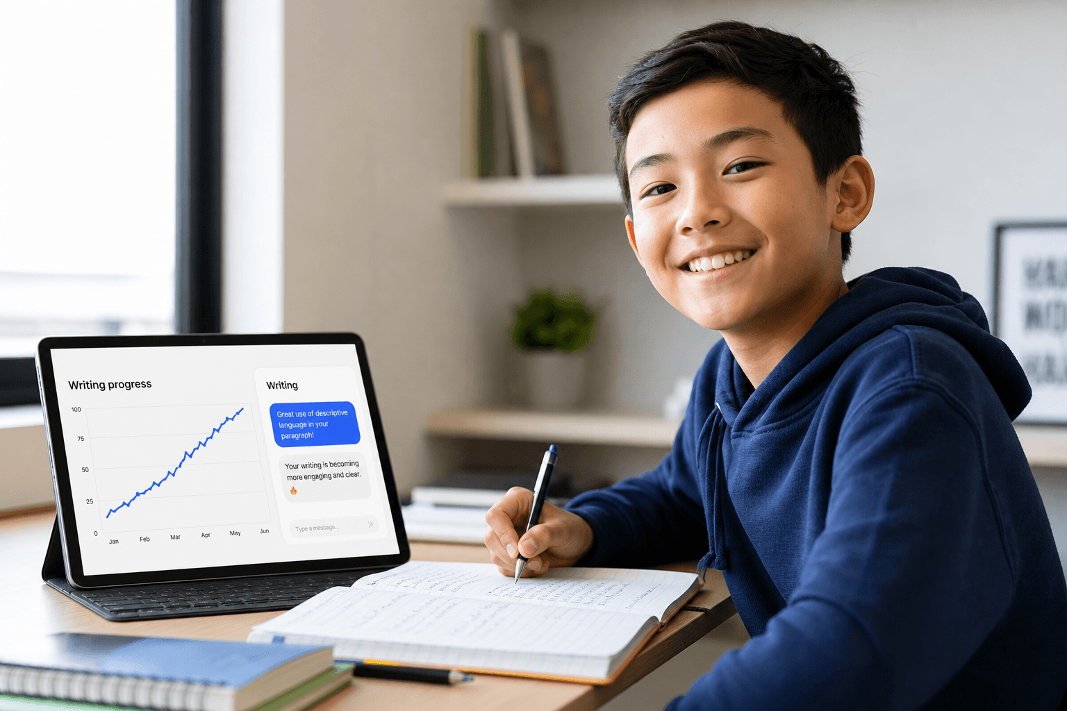 A student reviewing Selective exam practice progress on a tablet